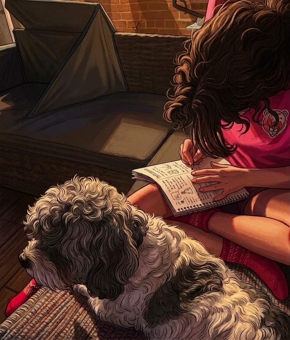 Daughter doing homework with puppy as a companion